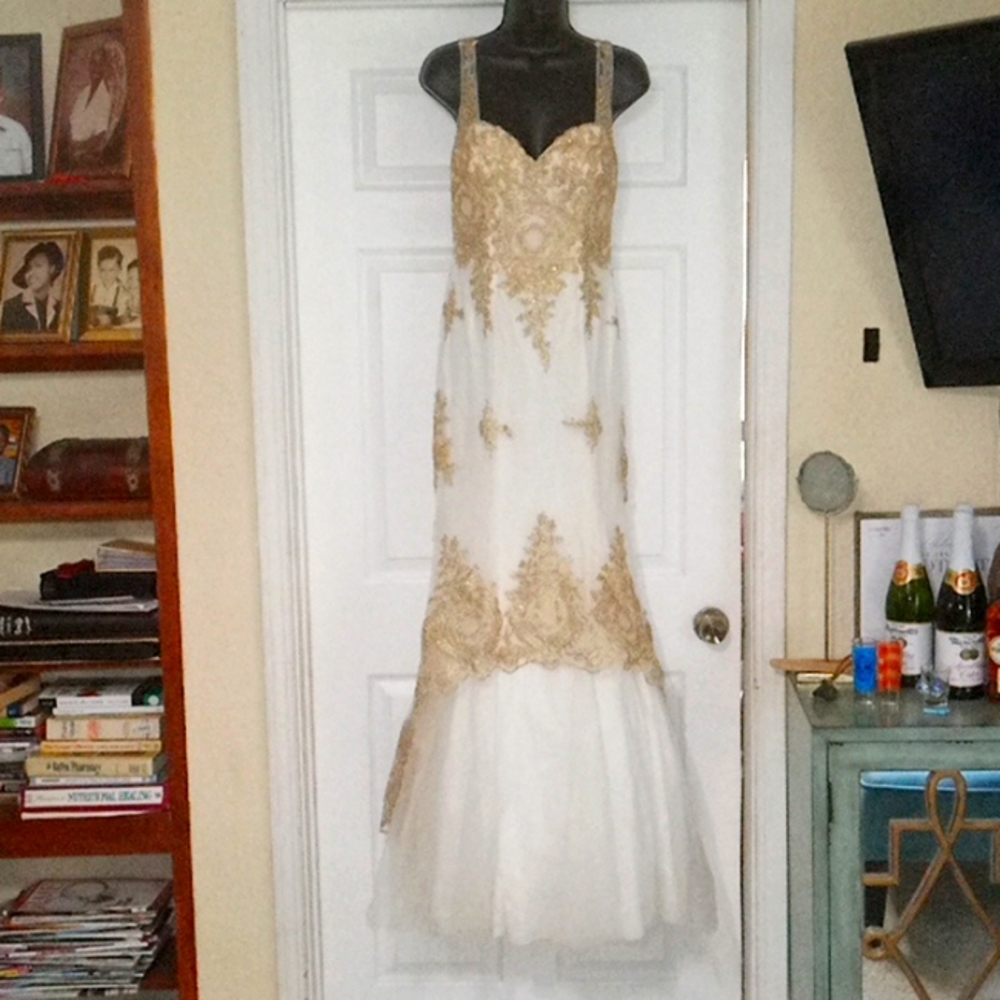 Fiesta Fashion, size small gold and white formal dress